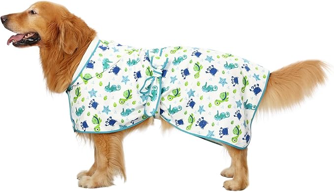HDE Dog Bathrobe Super Absorbent Quick Drying Puppy Towel Wrap Coat Adjustable After Bath Robes with Hood for Dog Sizes S-XXL Sea Animals L