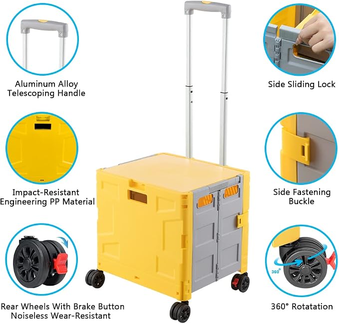 Foldable Shopping Utility Cart Portable Rolling Crate Handcart with 360°Rotate Wheel,Hidden Lid,Telescoping Handle Collapsible for Travel Shopping Moving Storage Office Use(Yellow/Gray)