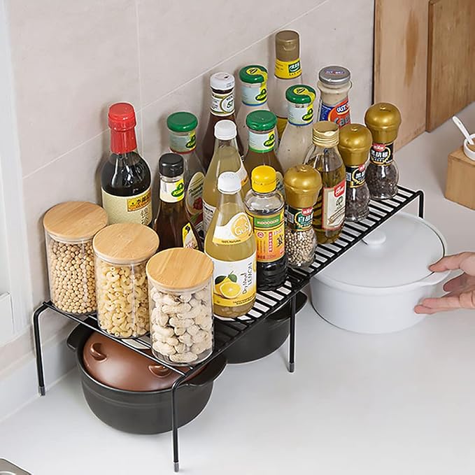 Tomorotec Expandable Cabinet Shelf Organizer, Metal Kitchen Pantry, Black | Extendable from 12.3 to 22.5 in with Heavy Duty Steel Frame and Anti Slip Feet for Bathroom or Closet