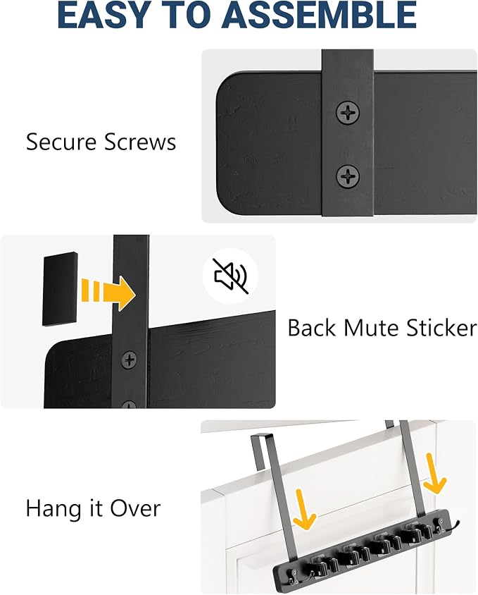Lorbro Broom Holder Door Mount, Wood Over the Door Broom and Mop Holder | 4 Slots 4 Hooks, No Drill Setup, EVA Protection Pads, Secure Grip, Laundry Garage Closet Kitchen Use, Black