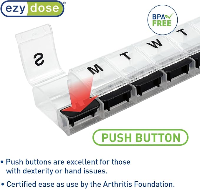 Ezy Dose Weekly (7-Day) Pill Organizer, X-Large Medicine Case, Black/White | Daily Vitamin & Supplement Planner, Spacious Push-Button Compartments, Convenient & Easy to Use, Travel-Friendly, BPA-Free