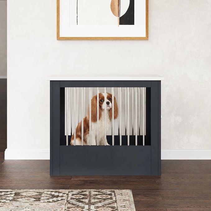 30" Wooden Dog Crate Furniture,Medium Kennel Pet Cage End Table for Indoor | for Small Medium Dogs, Grey and White, Fits Living Room Bedroom, Heavy Duty Steel Frame with Lock 45 lbs Cap, 100 lbs Top.
