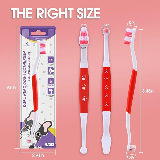 Dog Toothbrush – Newly Upgraded Dual-Head Design with 60° Wavy Bristles – Gently Surrounds Teeth for Deep Cleaning and Plaque Removal – Non-Slip Handle, Ideal for Daily Pet Dental Care (Red, 1-Pack)