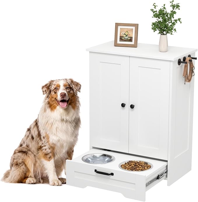 Dog Feeding Station with Storage Cabinet, White Wood Dog Cabinet with 2 Elevated Stainless Steel Bowls, Hidden Pull-Out Feeder Drawer, Pet Feeding Station for Kitchen and Living Room