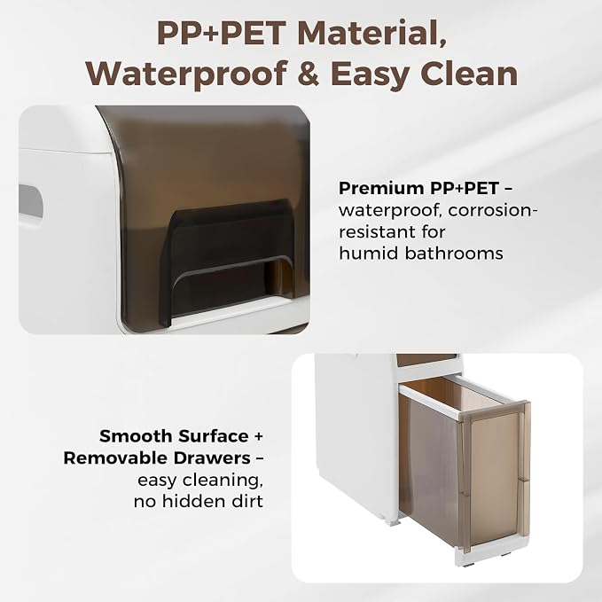 Slim Bathroom Storage Cabinet with Trash Can, Narrow Movable Waterproof Bathroom Floor Cabinet with Toilet Paper Holder for Bathrooms Toilet (15.1 * 6.9 * 37.8in)
