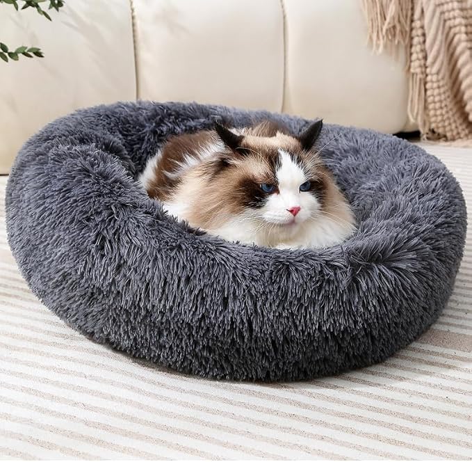 31 inches Calming Dog Bed for Large Dogs,Round Donut Plush Pet Cushion, Machine Washable Anti-Slip Bottom, Dark Gray Fluffy Warm Couch for Dogs Cats Up to 30KG
