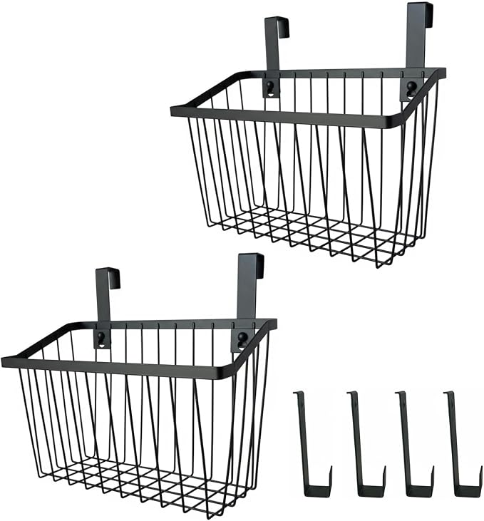 LeleCAT Grid Storage Baskets with Hooks, Over Cabinet Door Organizer, Wire Basket Hanging Storage Organizer, Kitchen Bathroom Organizer (Black, Large)
