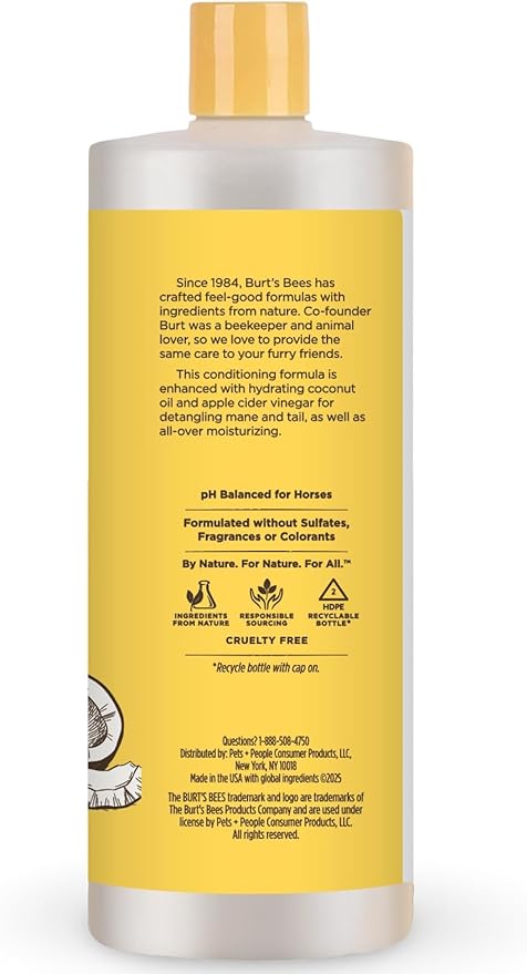 Burt’s Bees for Horses Detangling Conditioner with Coconut Oil & Apple Cider Vinegar, 97.3% Natural Origin Formula, Horse Conditioner for Coat, Mane & Tail, 32 oz