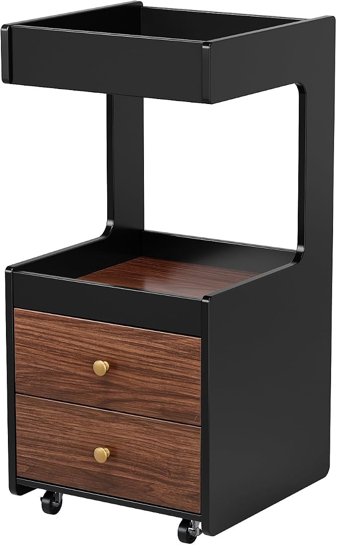 OmySalon Salon Trolley Cart, Esthetician Cart with Wheels, Hair Styling Station with 2 Drawers, 1 Open Shelf, Mobile Storage Cabinet Utility Trolley for Beauty Salon Spa, Black Walnut