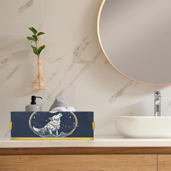 Wolf Stars Moon Bathroom Storage Basket, Foldable with Handle Open Countertop Paper Towel Decorative Box, Toilet Tank Top Shelf Baskets for Home Closet Bedroom Living Room Office