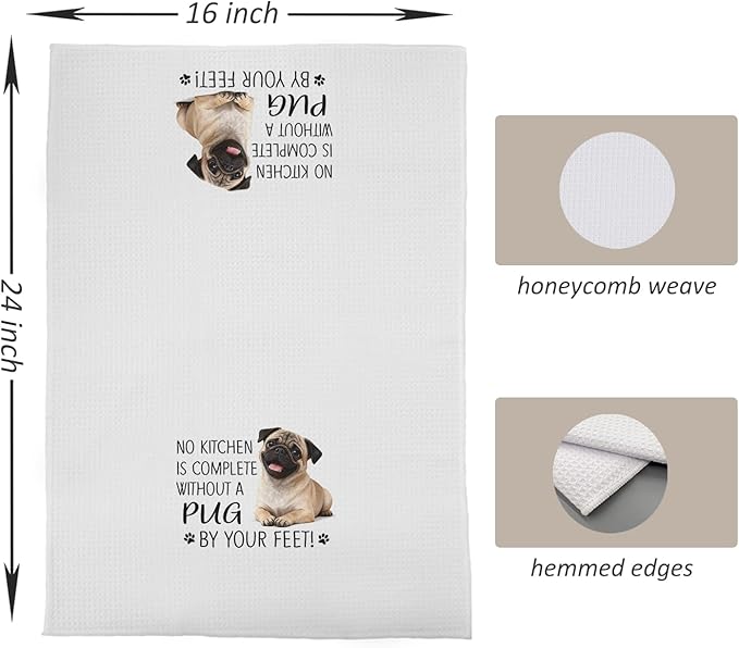 Pug Dog Kitchen Towels Set - Pug Gifts for Dog Lovers Women, Dogs Waffle Weave Hand Towels Dish Towels Decor, 16x24 Inch,Set of 2