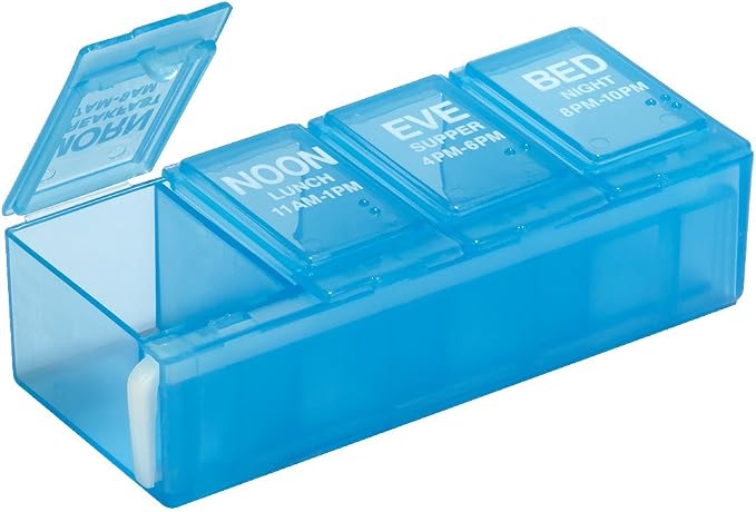EZY DOSE Daily Pill Planner, Medicine Case, Vitamin Organizer Box, Locking Compartments to Secure Prescription Medication and Prevent Accidental Spilling, 4 Times per Day, Color May Vary, BPA Free