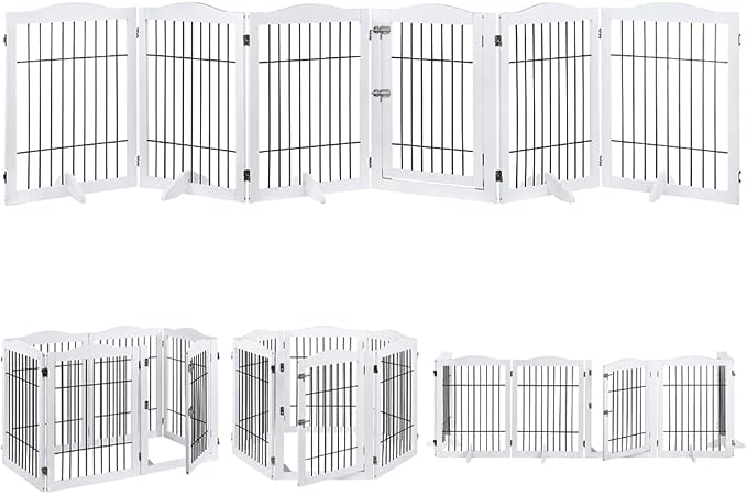 beeNbkks Extra Wide Pet Gate, 6-Panel Freestanding Dog Barrier with Door | Heavy-Duty Wooden Indoor Playpen with Metal Bars and 5 Support Feet, Secures Doorways Stairs Fireplaces or Large Openings