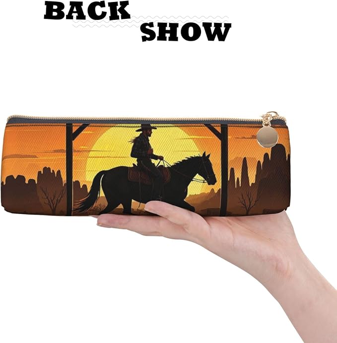 Leather Pen Case with Zipper - Aesthetic Pen Holder Cowboy Riding Ranch Desert Pencil Case for Women & Men - Handcrafted Pencil Bag Multi-Functional Travel Cosmetic Case for Work Office Tool Pouch