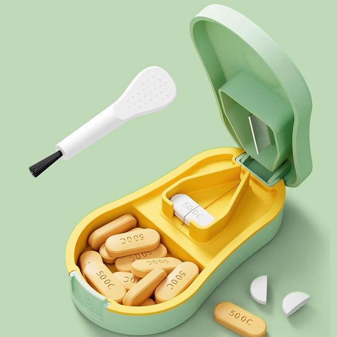 Pill Cutter for Small and Tiny Pills - Pill Splitter with Detachable Silicone Pad - Easy Open Snap Button. Wrap-Around Blade Guard Prevents Cuts. Back Storage (Green)