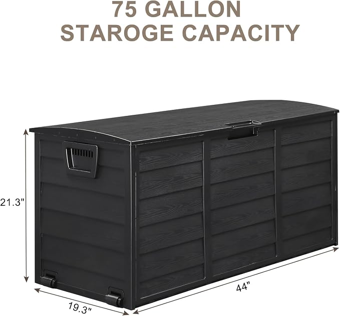 75 Gallon Black Outdoor Storage Box with Wheels, Waterproof Resin Deck Box for Patio Cushions & Garden Tools, Rolling Garden Storage Bin, Weather Resistant Trunk