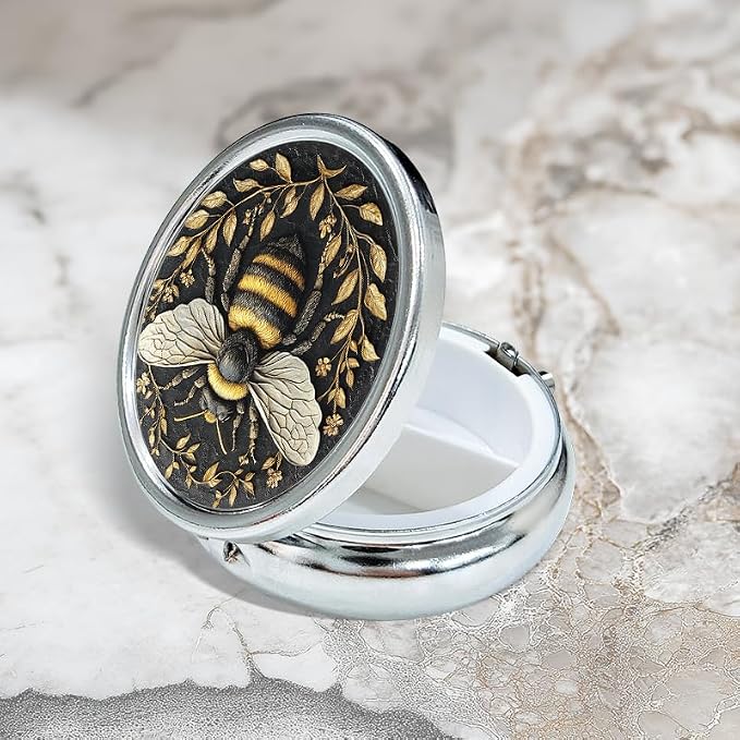 Portable Round 3 Compartment Metal Pill Box Beautiful Bumblebee Stereoscopic Relief Detailed Oil Painting for Travel First aid pet Care and organizing Small Items
