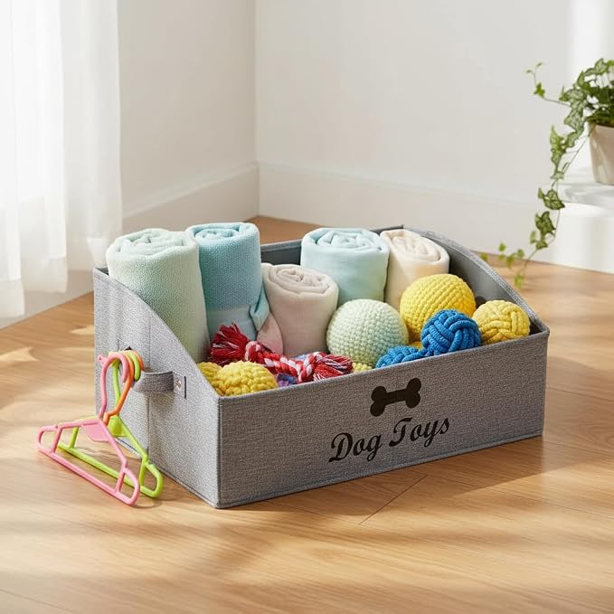 Morezi Linen-cotton blend dog toy basket and dog toy box, dog toy basket storage - Perfect for organizing pet toys, blankets, leashes, chew toys - Snow Grey - Dog