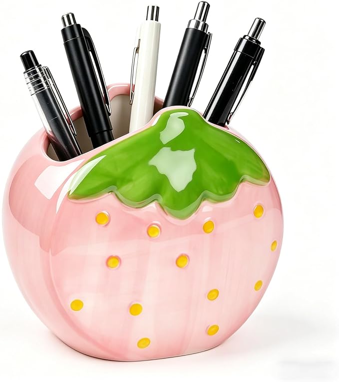 Ceramic Strawberry Shaped Pen Pencil Holder for Desk Decoration Accessories Strawberry Decor Makeup Brush Pen Cups Succulent Plant Pot Office School Ideal Gifts for Women, Mom or Birthdays (pink)