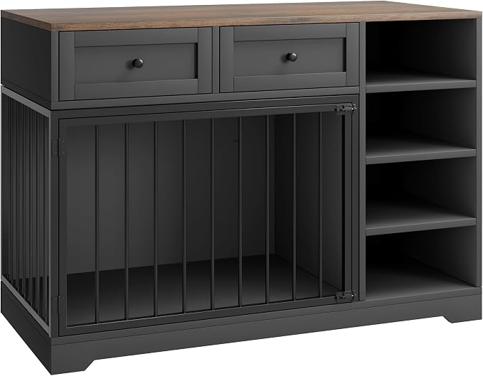 Wooden Dog Crate Furniture, Indoor Dog Kennel TV Stand with Storage, Black | 2 Drawers and 4 Open Shelves, Multi-Functional Dog Kennel for Small, Medium and Large Dogs