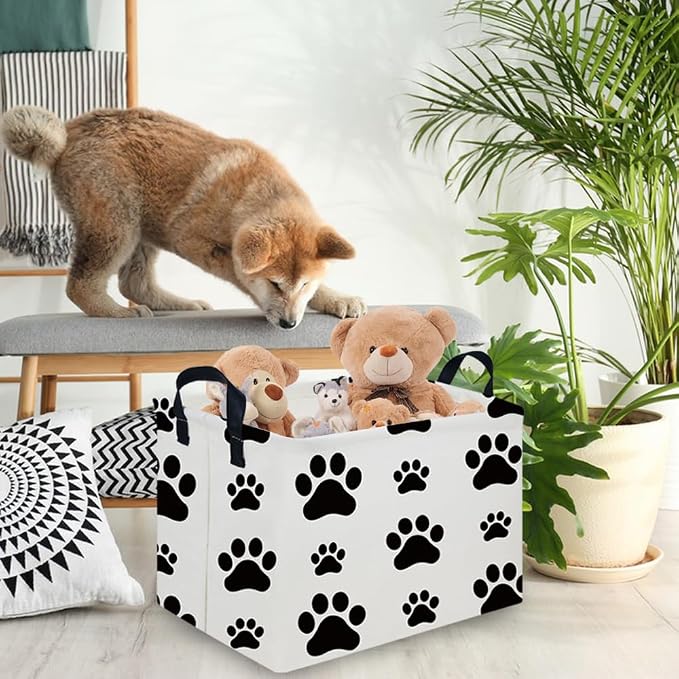 Rectangular Dog Basket,Nursery Hamper,Collapsible canvas kids toy storage box,Kids room storage basket,Pet decor(Dog paw)