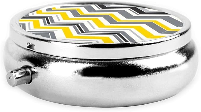 Small Travel Pill Box, Yellow Grey Gray Patterns Round Metal Organizer, 3-Compartment Case for Fish Oil, Pocket Purse Dispenser for Vacation