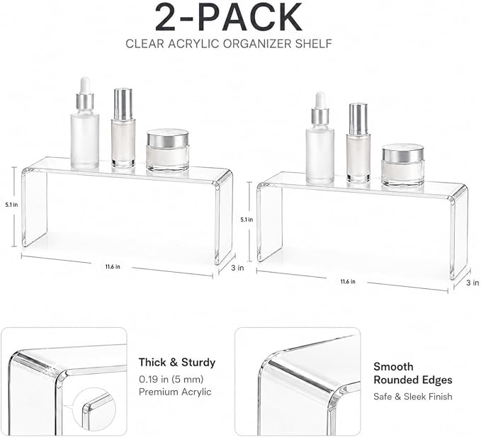 2 Pack Acrylic Medicine Cabinet Organizer Clear Shelves 2 Large | Includes 2 Large 11.4 x 3 x 5.1 Inch Bathroom Shelves with 2 Non Slip Pads for Vanity RV and Cabinet Storage