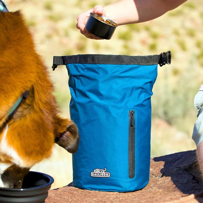 Callieco Dog Food Travel Bag w/ 1 Cup Scoop and Zipper Side Pocket | Waterproof Kibble Storage Container for Home, Road Trips, Camping, Boarding and More (Blue, 64 Cups)