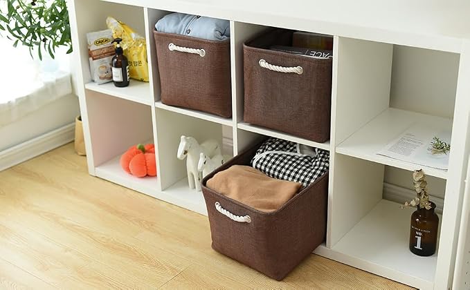Organization and Storage Basket for Shelves - 3 Pack 16x12x12 inch Fabric Storage Cubes, Cube Storage Bin for Organizing Closet Cloth Organizer Gift Toy (White & Brown)