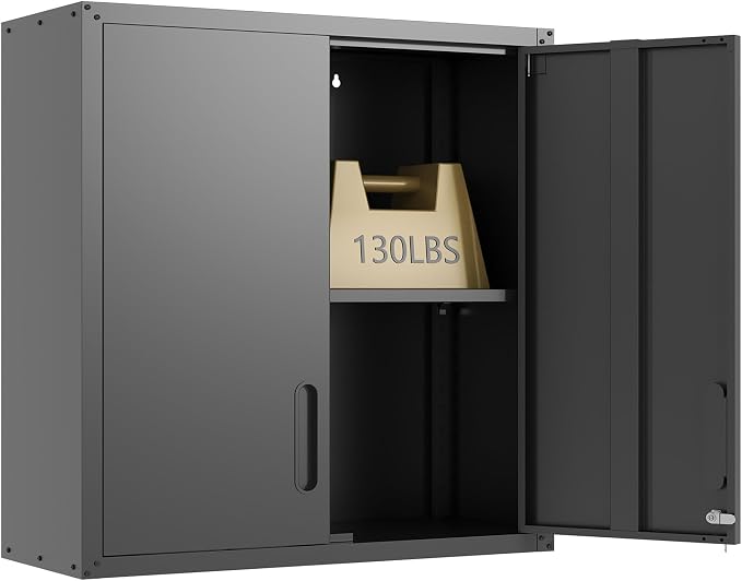Garage Wall Cabinet with 2 Locking Doors Metal Storage Cabinet,Black | Wall Mounted Heavy Duty Steel Tool Cabinet Hanging Cabinet for Garage Warehouse Bathroom Kitchen,Assembly Required
