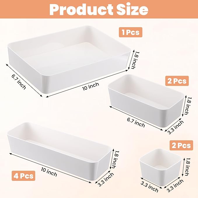 9 Pcs stackable drawer organizer Set, Multifunctional desk drawer organizer Trays for Vanity, Bathroom, Kitchen, Office, Plastic Storage Bins in Beige, 5 Sizes