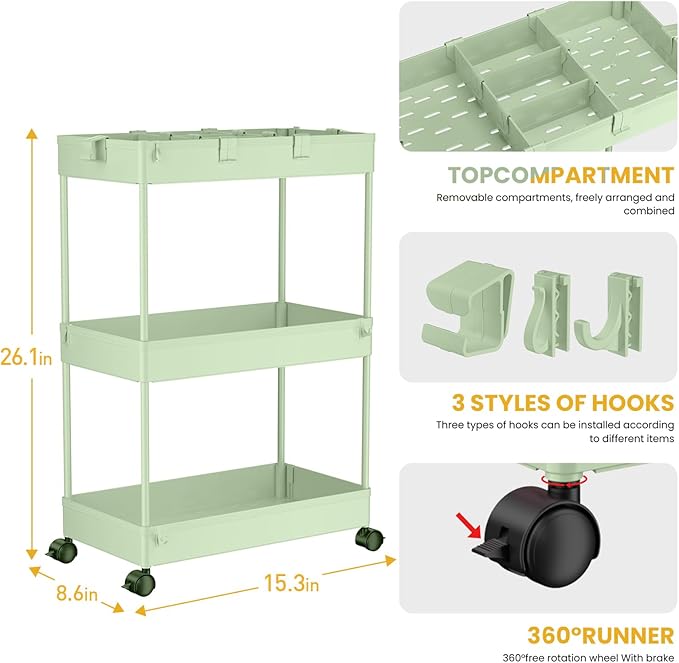 3 Tier Rolling Cart with Wheels, Storage Craft Art Trolley Organizer Serving, 3 Hanging Baskets Easy Assembly, for Office, Living Room, Kitchen, Green