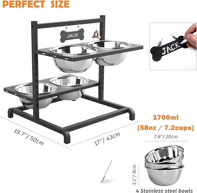 ADENGL Elevated Dog Bowl Stand with 4 Stainless Steel Bowls (1700ml/58oz) – 9 Height Adjustable Raised Pet Feeder from 4.9" to 14.5" for Large Dogs & Multi-Pet Homes, with Bone Name Tag