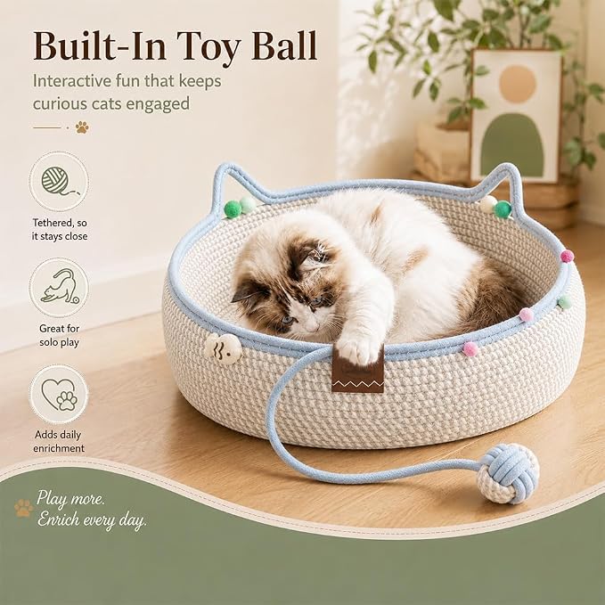 Cat Basket Bed with Cushion and Hanging Ball Toy, Handwoven Cotton Rope Cat Bed Basket, Boho Nesting Pet Bed for Kittens Puppies Scratchable Woven Cat Nest Lounger Sleeping & Playing，D：Medium