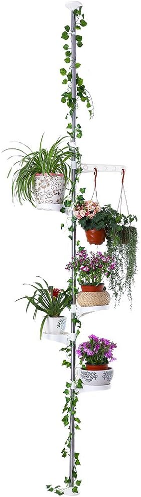 BAOYOUNI 5-Tier Plant Stand Pole Tension Rod Flower Holder Rack, Ivory | Adjustable Stainless Steel Vertical Garden Organizer ,Space-Saving Indoor Plant Display ，No-Drill 4 Trays&1 Hook