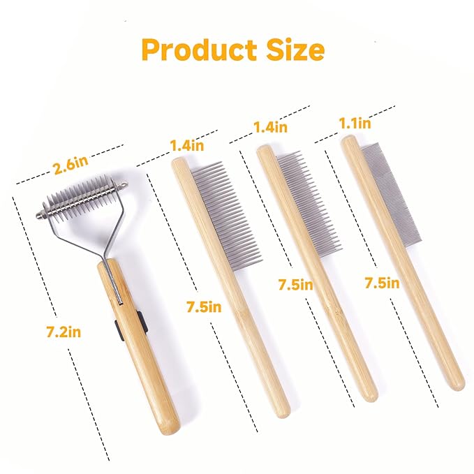 Bamboo 4-in-1 Cat Brush for Long Haired Cats, Professional Cat & Dog Deshedding Comb, Undercoat Rake Dematting Tool for Matting & Shedding, Complete Pet Grooming Kit for Indoor Cats