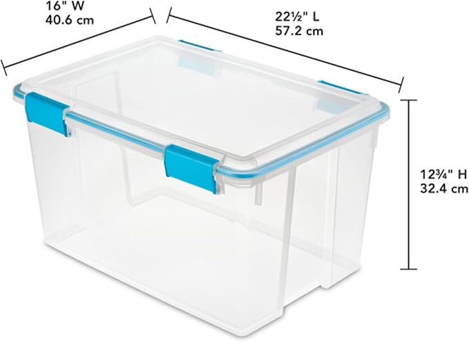 Sterilite Gasket Storage Box with Lids for Home & Office, 54 Quart, 12-Pack | Heavy-Duty, Stackable, and Organizing Containers for Bathroom, Cabinet, Closet, and Garage, Clear and Blue Aquarium Latches