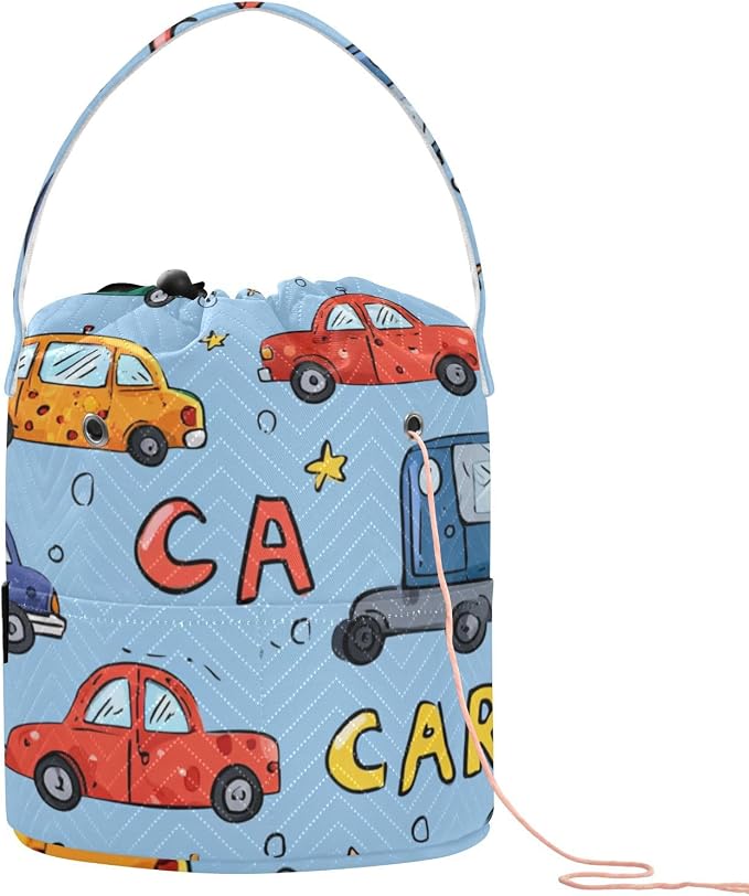 Tatenale Crochet Bag Yarn Bag Knitting Project Bag with Pockets and Handle Portable Yarn Storage Organizer Tangle Free 8.3x11 InchLight Blue Cars and Stars32