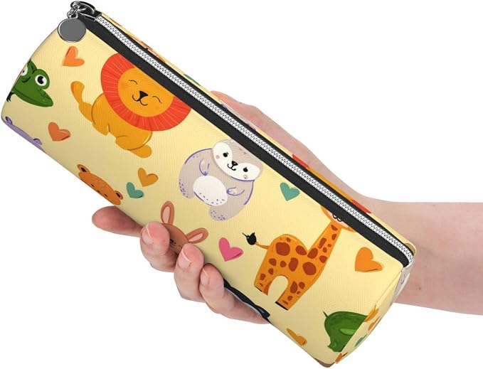 OSAM SPACE Leather Pencil Case Round Pencil Bag Cute Animals Hearts Pen Organizer Holder Portable Zipper Pouch Cute School Supplies for Girls Boys Study Office