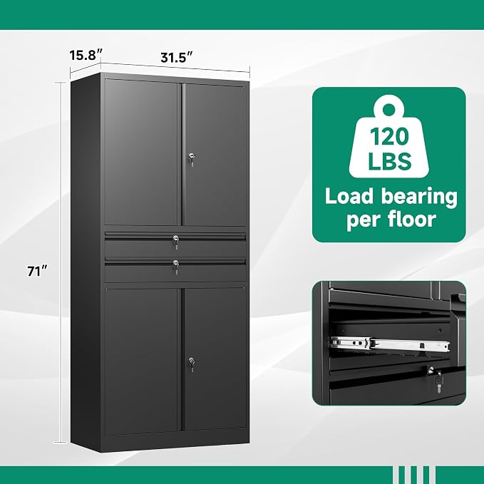 Metal Garage Storage Cabinet,71" Heavy Duty Steel Tool Cabinet with 4 Door Lock-Adjustable Shelves and 2 Drawer for Garage Home Office Utility Room (Black)