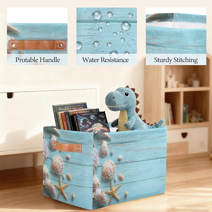 Pardick Storage Baskets Bin, Summer Wood Seashell Starfish Collapsible Canvas Fabric Storage Bin Decorative Baskets Toy Organizer Rectangle Storage Boxes with handles for Home Shelves Nursery,A-5