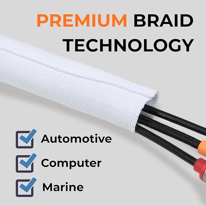 3/16 inch Split Braided Cable Management Sleeve for USB Cable Power Cord Audio Video Cable, Wire Loom Cord Protector from Cat Dog Chewing (White, 10FT)