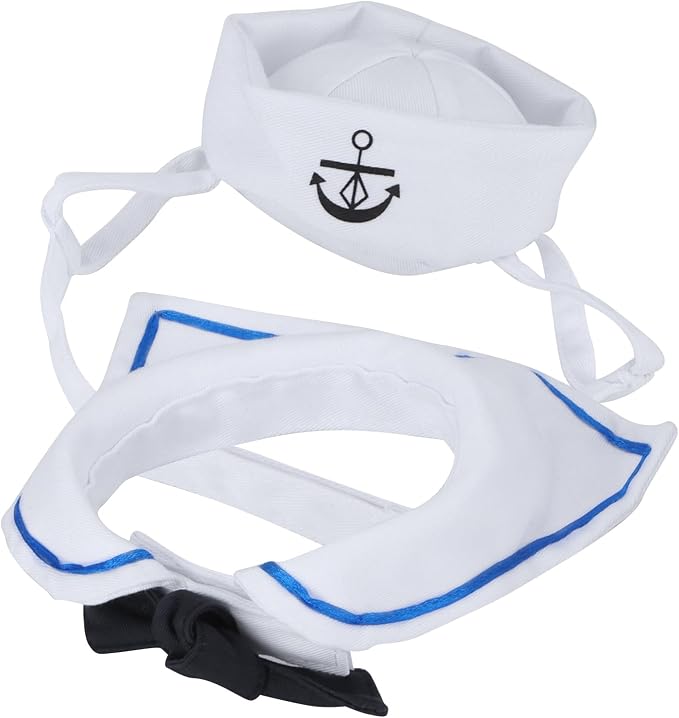 Zopsc Pet Sailor Suit Cotton Cat Adjustable Hat and Cloak Set | Adjustable Cat Hat, Cotton Cloak Set with Hook and Loop Strap for Christmas, Halloween Party
