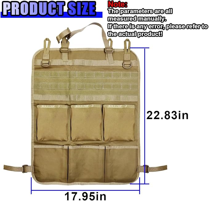 Tactical Molle Panel Car Seat Back Organizer, Waterproof Car Front Seat Protector with Multiple Pockets, Universal Kick Mat for Kids/Pets, Vehicle Backseat Storage Bag for Most Cars (Khaki)