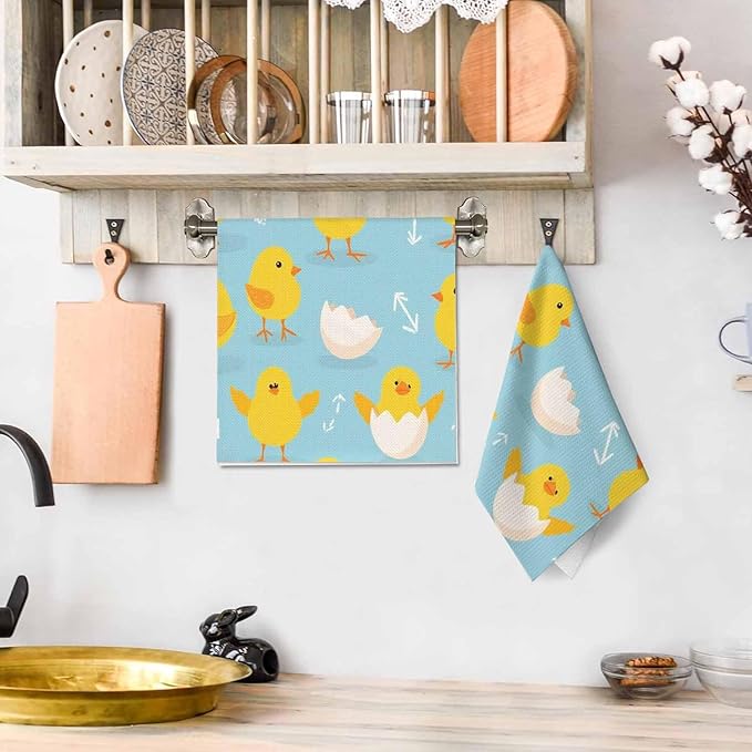 Little Chickens Kitchen Towels Set of 2 Cute Yellow Chicks Different Poses Dish Towels Absorbent Soft Hand Tea Bar Towels for Farmhouse Home Decor 16"X24"