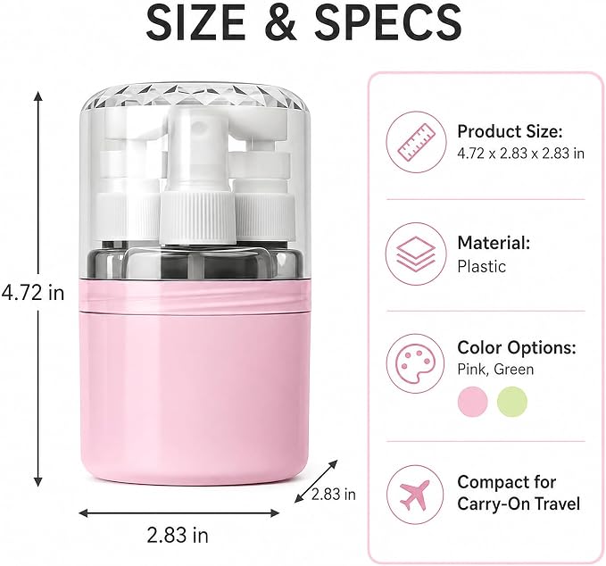 4-in-1 Travel Dispenser with 4 x 50 mL Bottles, Pink | 4 refillable 50 mL bottles, pump and spray tops, included label stickers, compact design for toiletries, travel, gym