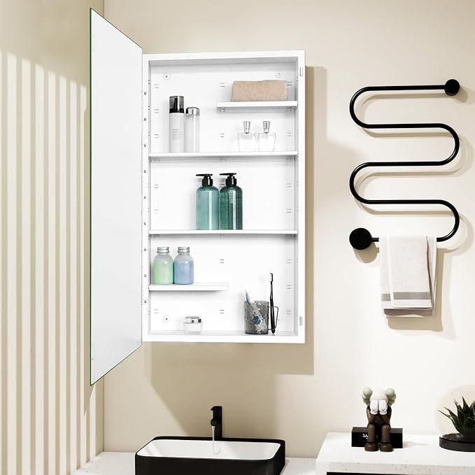 White Metal Medicine Cabinet, 20 x 36 Beveled Mirror, Surface Mount Storage | 20 x 36 Bathroom Mirror Cabinet with Adjustable Staggered Shelves, Continuous Piano Hinge, Reversible Door Swing, Matte White