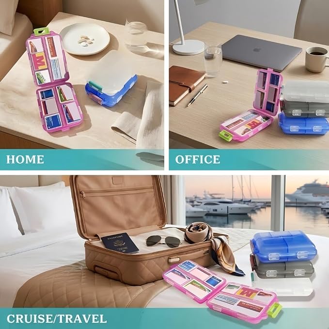 Pill Organizer with 161 Medicine Labels, Daily Travel Pill Case (Blue) | Compact 10-compartment pill case and pill box with 161 medicine labels for 7-day planning, vitamins, supplements, and travel