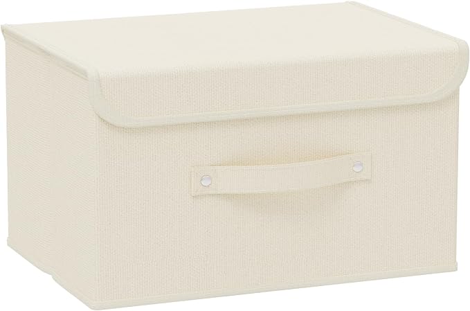 Cloth Storage Baskets with Handles,Beige 13x9.1x7.9in,1 Pack | Storage Boxes with Flip-Top Lids,Washable PP Panel Cube Drawer Organizers,Collapsible Underwear Divider Bins for Home
