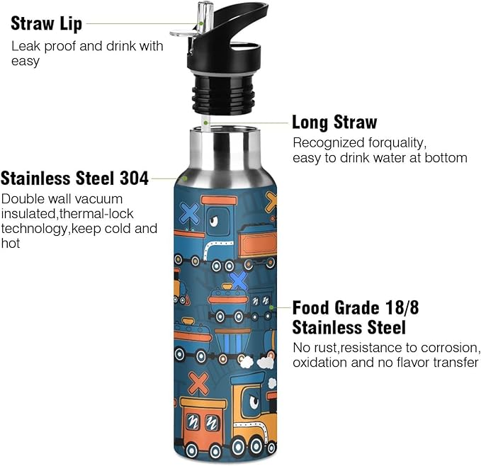 Railway Train Cartoon Water Bottle with Straw Lid Kids Insulated Stainless Steel Water Flask Sports, 20 Oz Hot Cold